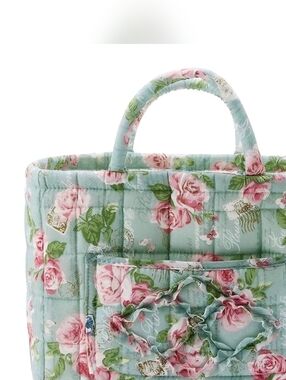 Floral Quilted Storage Tote In Mint and Pink 13 Inches Wide 11 Inches Deep